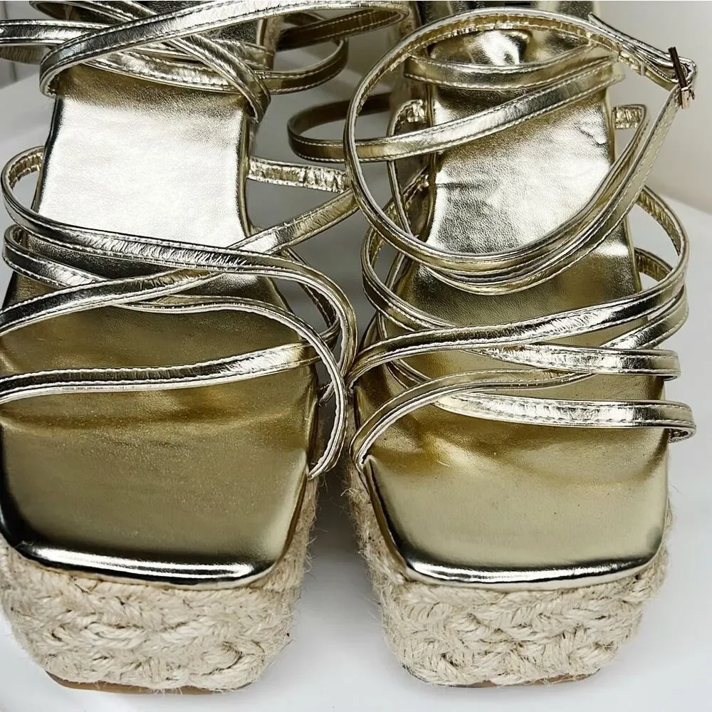 Metallic Gold Strappy Espadrille Wedge Sandals